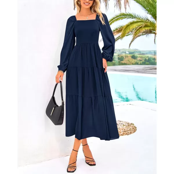 BTFBM Women Square Neck Puff Long Sleeve Dress Smocked Tiered Flowy Casual Fall Wedding Guest Maxi Dresses with PocketsNavy