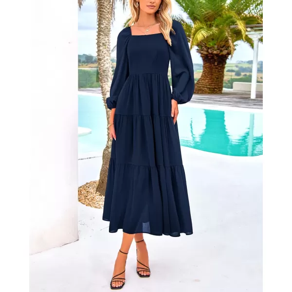 BTFBM Women Square Neck Puff Long Sleeve Dress Smocked Tiered Flowy Casual Fall Wedding Guest Maxi Dresses with PocketsNavy