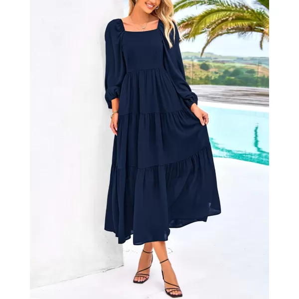 BTFBM Women Square Neck Puff Long Sleeve Dress Smocked Tiered Flowy Casual Fall Wedding Guest Maxi Dresses with PocketsNavy