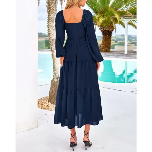 BTFBM Women Square Neck Puff Long Sleeve Dress Smocked Tiered Flowy Casual Fall Wedding Guest Maxi Dresses with PocketsNavy