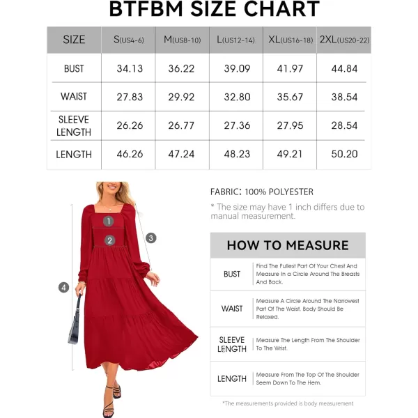 BTFBM Women Square Neck Puff Long Sleeve Dress Smocked Tiered Flowy Casual Fall Wedding Guest Maxi Dresses with PocketsRed