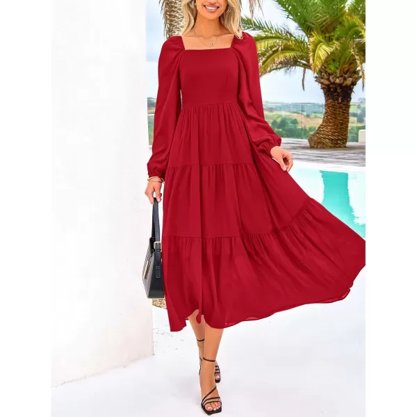 BTFBM Women Square Neck Puff Long Sleeve Dress Smocked Tiered Flowy Casual Fall Wedding Guest Maxi Dresses with PocketsRed