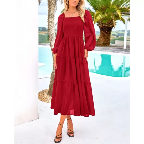 BTFBM Women Square Neck Puff Long Sleeve Dress Smocked Tiered Flowy Casual Fall Wedding Guest Maxi Dresses with PocketsRed