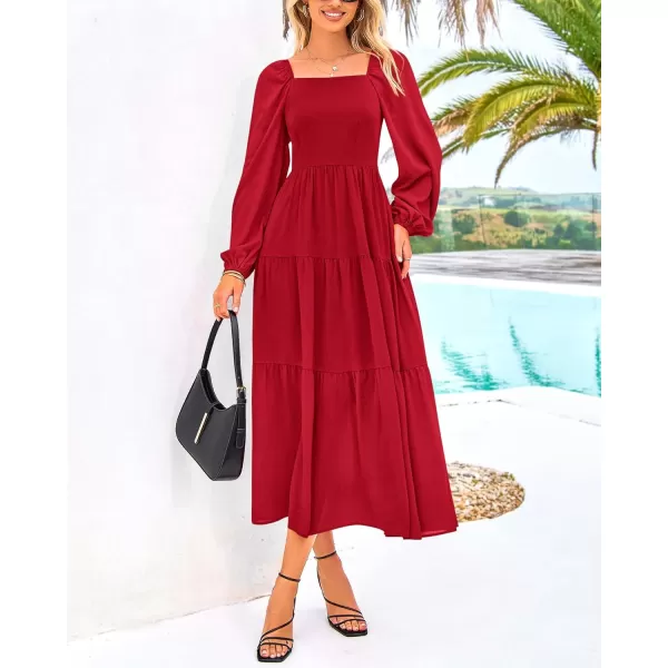BTFBM Women Square Neck Puff Long Sleeve Dress Smocked Tiered Flowy Casual Fall Wedding Guest Maxi Dresses with PocketsRed