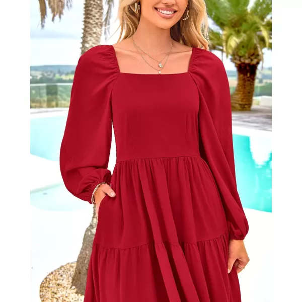 BTFBM Women Square Neck Puff Long Sleeve Dress Smocked Tiered Flowy Casual Fall Wedding Guest Maxi Dresses with PocketsRed