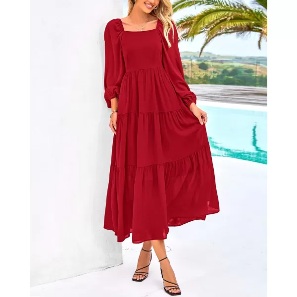 BTFBM Women Square Neck Puff Long Sleeve Dress Smocked Tiered Flowy Casual Fall Wedding Guest Maxi Dresses with PocketsRed