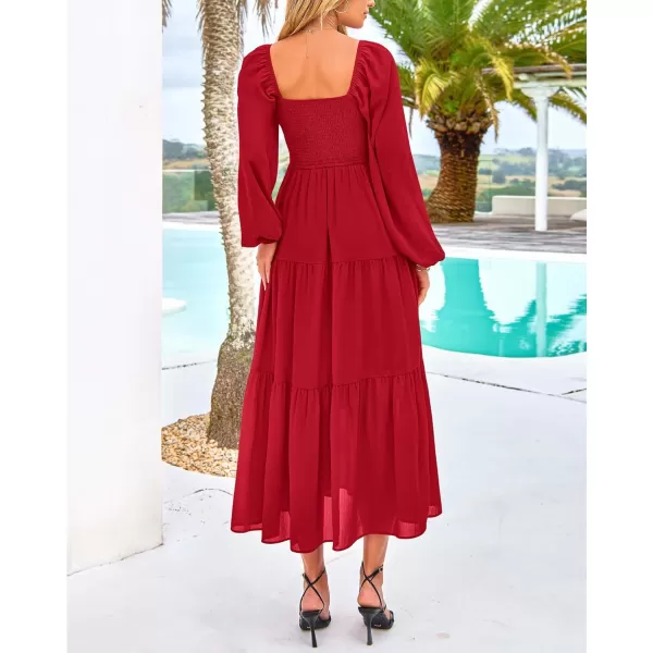 BTFBM Women Square Neck Puff Long Sleeve Dress Smocked Tiered Flowy Casual Fall Wedding Guest Maxi Dresses with PocketsRed