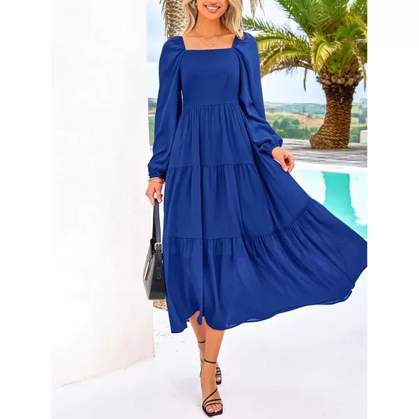 BTFBM Women Square Neck Puff Long Sleeve Dress Smocked Tiered Flowy Casual Fall Wedding Guest Maxi Dresses with PocketsRoyal Blue