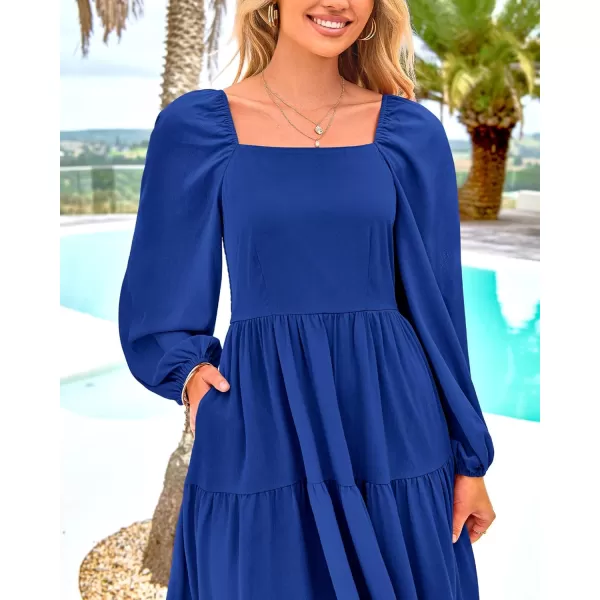 BTFBM Women Square Neck Puff Long Sleeve Dress Smocked Tiered Flowy Casual Fall Wedding Guest Maxi Dresses with PocketsRoyal Blue