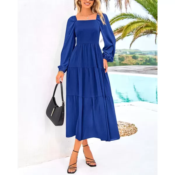 BTFBM Women Square Neck Puff Long Sleeve Dress Smocked Tiered Flowy Casual Fall Wedding Guest Maxi Dresses with PocketsRoyal Blue
