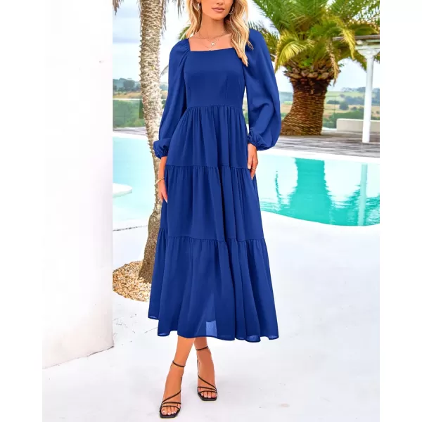 BTFBM Women Square Neck Puff Long Sleeve Dress Smocked Tiered Flowy Casual Fall Wedding Guest Maxi Dresses with PocketsRoyal Blue