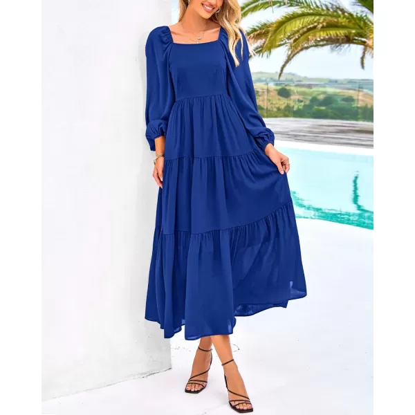BTFBM Women Square Neck Puff Long Sleeve Dress Smocked Tiered Flowy Casual Fall Wedding Guest Maxi Dresses with PocketsRoyal Blue