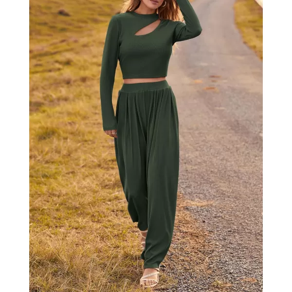 BTFBM Womens 2 Piece Tracksuit Outfits Cutout Long Sleeve Crop Top Wide Leg Pant Ribbed Knit Sweatsuits Yoga Lounge SetSolid Army Green