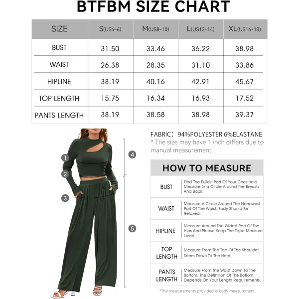 BTFBM Womens 2 Piece Tracksuit Outfits Cutout Long Sleeve Crop Top Wide Leg Pant Ribbed Knit Sweatsuits Yoga Lounge SetSolid Army Green