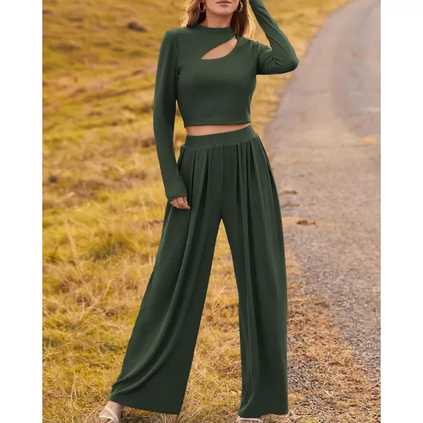 BTFBM Womens 2 Piece Tracksuit Outfits Cutout Long Sleeve Crop Top Wide Leg Pant Ribbed Knit Sweatsuits Yoga Lounge SetSolid Army Green