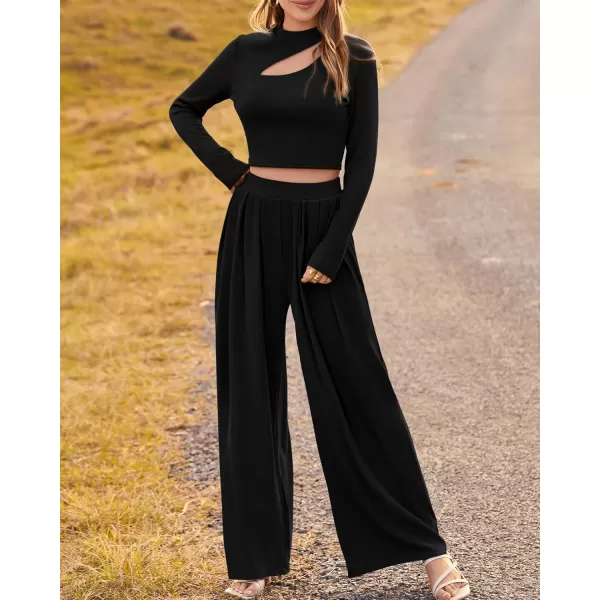 BTFBM Womens 2 Piece Tracksuit Outfits Cutout Long Sleeve Crop Top Wide Leg Pant Ribbed Knit Sweatsuits Yoga Lounge SetSolid Black