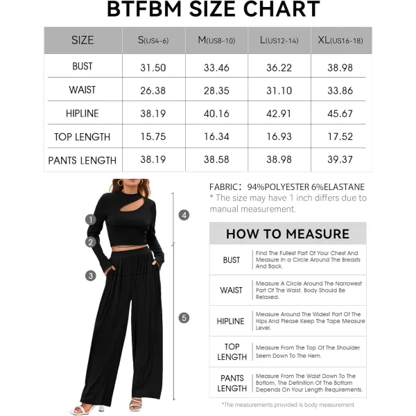 BTFBM Womens 2 Piece Tracksuit Outfits Cutout Long Sleeve Crop Top Wide Leg Pant Ribbed Knit Sweatsuits Yoga Lounge SetSolid Black