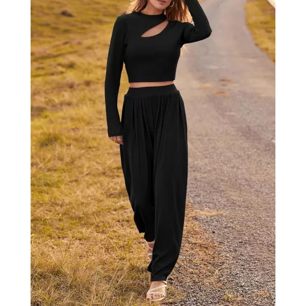 BTFBM Womens 2 Piece Tracksuit Outfits Cutout Long Sleeve Crop Top Wide Leg Pant Ribbed Knit Sweatsuits Yoga Lounge SetSolid Black