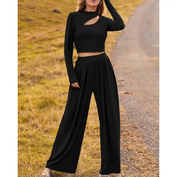 BTFBM Womens 2 Piece Tracksuit Outfits Cutout Long Sleeve Crop Top Wide Leg Pant Ribbed Knit Sweatsuits Yoga Lounge SetSolid Black