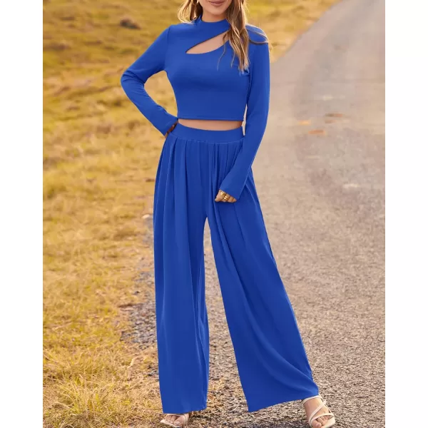 BTFBM Womens 2 Piece Tracksuit Outfits Cutout Long Sleeve Crop Top Wide Leg Pant Ribbed Knit Sweatsuits Yoga Lounge SetSolid Blue