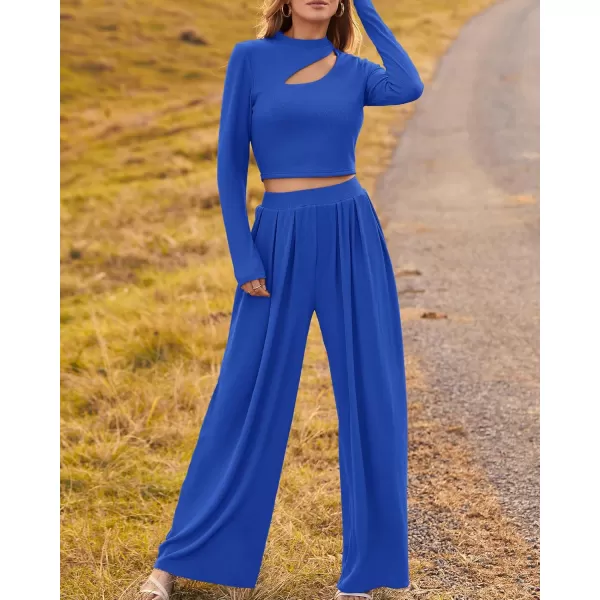 BTFBM Womens 2 Piece Tracksuit Outfits Cutout Long Sleeve Crop Top Wide Leg Pant Ribbed Knit Sweatsuits Yoga Lounge SetSolid Blue