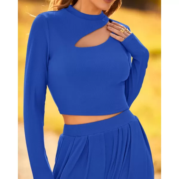 BTFBM Womens 2 Piece Tracksuit Outfits Cutout Long Sleeve Crop Top Wide Leg Pant Ribbed Knit Sweatsuits Yoga Lounge SetSolid Blue