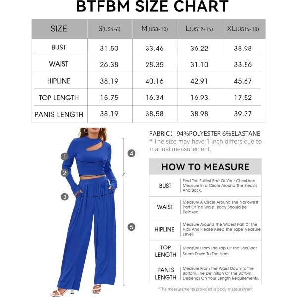 BTFBM Womens 2 Piece Tracksuit Outfits Cutout Long Sleeve Crop Top Wide Leg Pant Ribbed Knit Sweatsuits Yoga Lounge SetSolid Blue