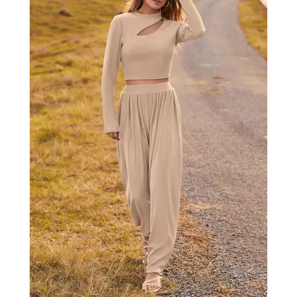 BTFBM Womens 2 Piece Tracksuit Outfits Cutout Long Sleeve Crop Top Wide Leg Pant Ribbed Knit Sweatsuits Yoga Lounge SetSolid Khaki