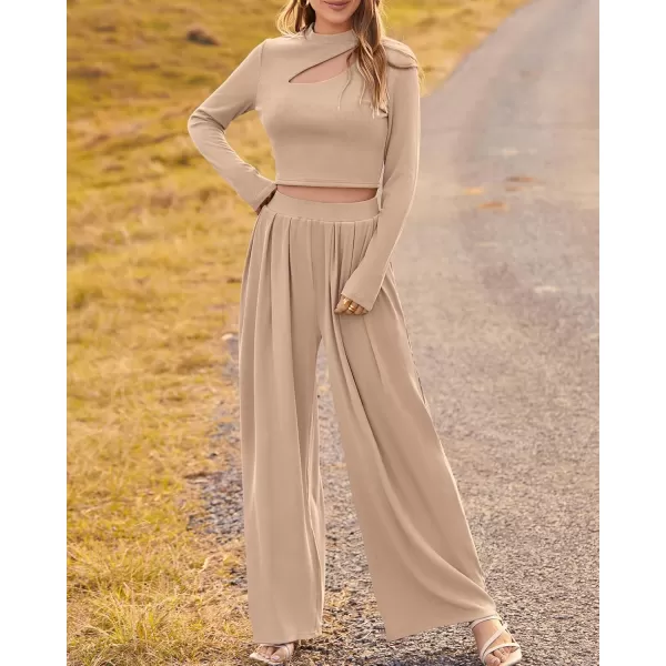 BTFBM Womens 2 Piece Tracksuit Outfits Cutout Long Sleeve Crop Top Wide Leg Pant Ribbed Knit Sweatsuits Yoga Lounge SetSolid Khaki