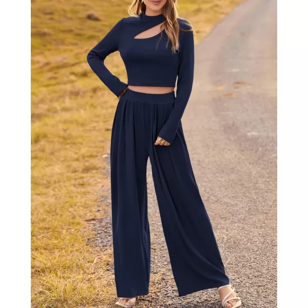 BTFBM Womens 2 Piece Tracksuit Outfits Cutout Long Sleeve Crop Top Wide Leg Pant Ribbed Knit Sweatsuits Yoga Lounge SetSolid Navy