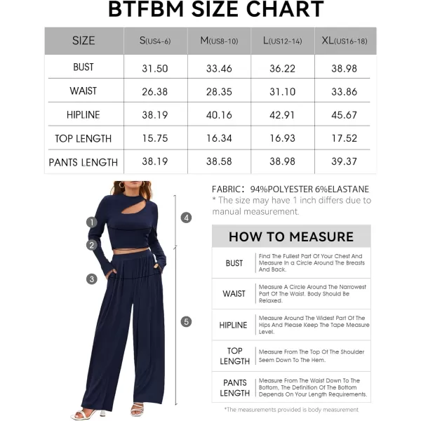 BTFBM Womens 2 Piece Tracksuit Outfits Cutout Long Sleeve Crop Top Wide Leg Pant Ribbed Knit Sweatsuits Yoga Lounge SetSolid Navy