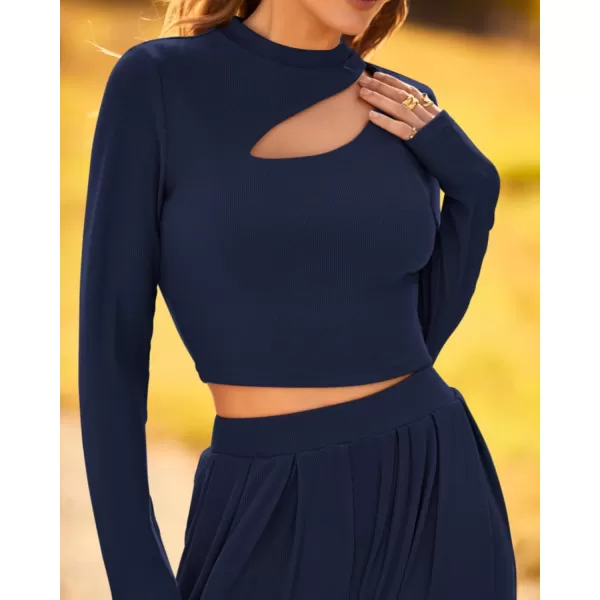 BTFBM Womens 2 Piece Tracksuit Outfits Cutout Long Sleeve Crop Top Wide Leg Pant Ribbed Knit Sweatsuits Yoga Lounge SetSolid Navy