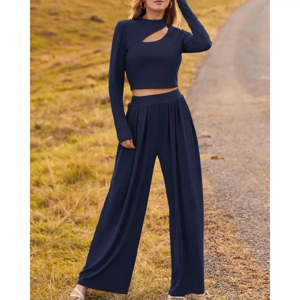 BTFBM Womens 2 Piece Tracksuit Outfits Cutout Long Sleeve Crop Top Wide Leg Pant Ribbed Knit Sweatsuits Yoga Lounge SetSolid Navy