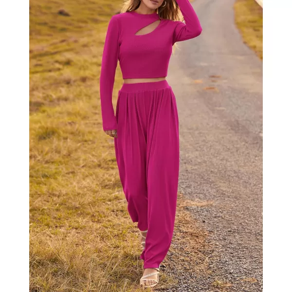 BTFBM Womens 2 Piece Tracksuit Outfits Cutout Long Sleeve Crop Top Wide Leg Pant Ribbed Knit Sweatsuits Yoga Lounge SetSolid Rose Red