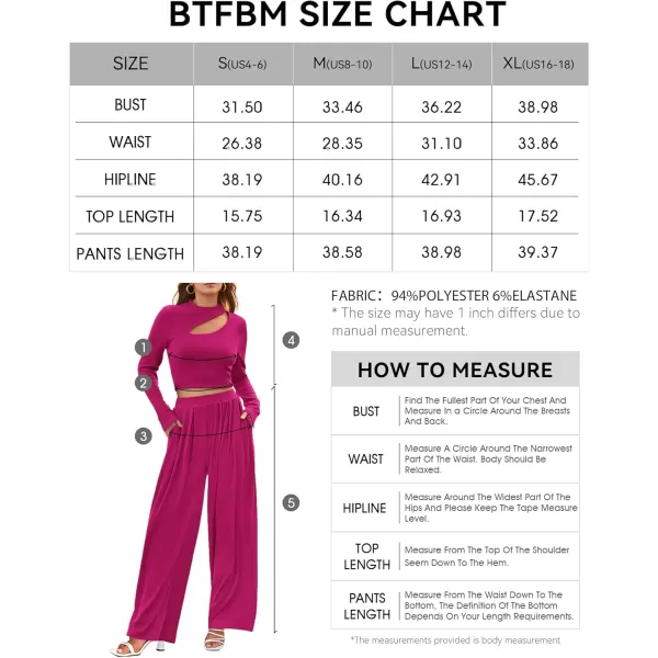 BTFBM Womens 2 Piece Tracksuit Outfits Cutout Long Sleeve Crop Top Wide Leg Pant Ribbed Knit Sweatsuits Yoga Lounge SetSolid Rose Red