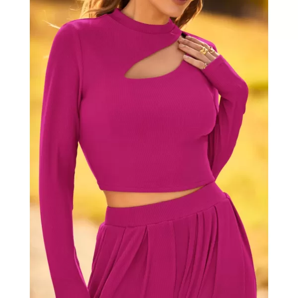 BTFBM Womens 2 Piece Tracksuit Outfits Cutout Long Sleeve Crop Top Wide Leg Pant Ribbed Knit Sweatsuits Yoga Lounge SetSolid Rose Red