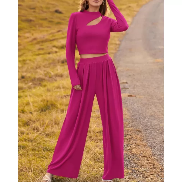 BTFBM Womens 2 Piece Tracksuit Outfits Cutout Long Sleeve Crop Top Wide Leg Pant Ribbed Knit Sweatsuits Yoga Lounge SetSolid Rose Red