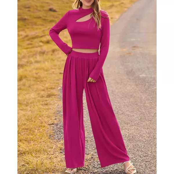 BTFBM Womens 2 Piece Tracksuit Outfits Cutout Long Sleeve Crop Top Wide Leg Pant Ribbed Knit Sweatsuits Yoga Lounge SetSolid Rose Red