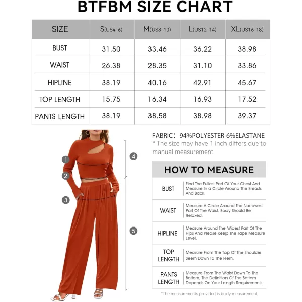 BTFBM Womens 2 Piece Tracksuit Outfits Cutout Long Sleeve Crop Top Wide Leg Pant Ribbed Knit Sweatsuits Yoga Lounge SetSolid Rust Red