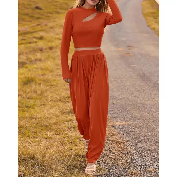 BTFBM Womens 2 Piece Tracksuit Outfits Cutout Long Sleeve Crop Top Wide Leg Pant Ribbed Knit Sweatsuits Yoga Lounge SetSolid Rust Red