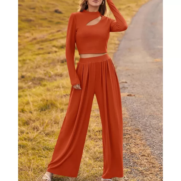 BTFBM Womens 2 Piece Tracksuit Outfits Cutout Long Sleeve Crop Top Wide Leg Pant Ribbed Knit Sweatsuits Yoga Lounge SetSolid Rust Red