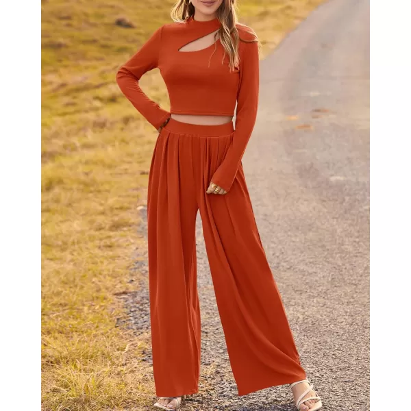 BTFBM Womens 2 Piece Tracksuit Outfits Cutout Long Sleeve Crop Top Wide Leg Pant Ribbed Knit Sweatsuits Yoga Lounge SetSolid Rust Red
