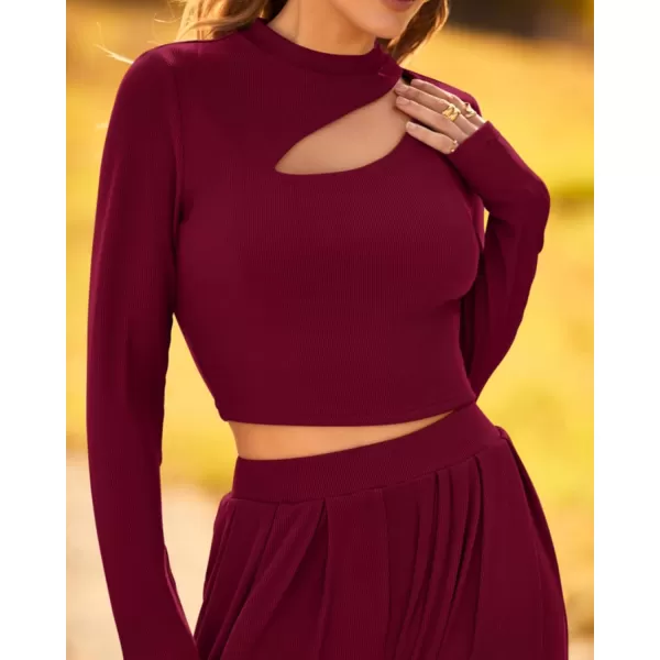 BTFBM Womens 2 Piece Tracksuit Outfits Cutout Long Sleeve Crop Top Wide Leg Pant Ribbed Knit Sweatsuits Yoga Lounge SetSolid Wine Red