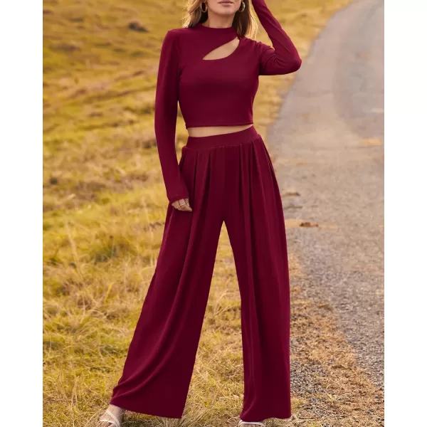 BTFBM Womens 2 Piece Tracksuit Outfits Cutout Long Sleeve Crop Top Wide Leg Pant Ribbed Knit Sweatsuits Yoga Lounge SetSolid Wine Red