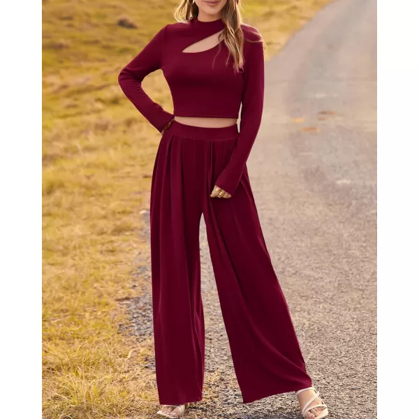 BTFBM Womens 2 Piece Tracksuit Outfits Cutout Long Sleeve Crop Top Wide Leg Pant Ribbed Knit Sweatsuits Yoga Lounge SetSolid Wine Red