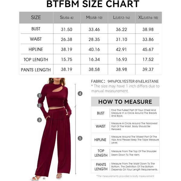 BTFBM Womens 2 Piece Tracksuit Outfits Cutout Long Sleeve Crop Top Wide Leg Pant Ribbed Knit Sweatsuits Yoga Lounge SetSolid Wine Red