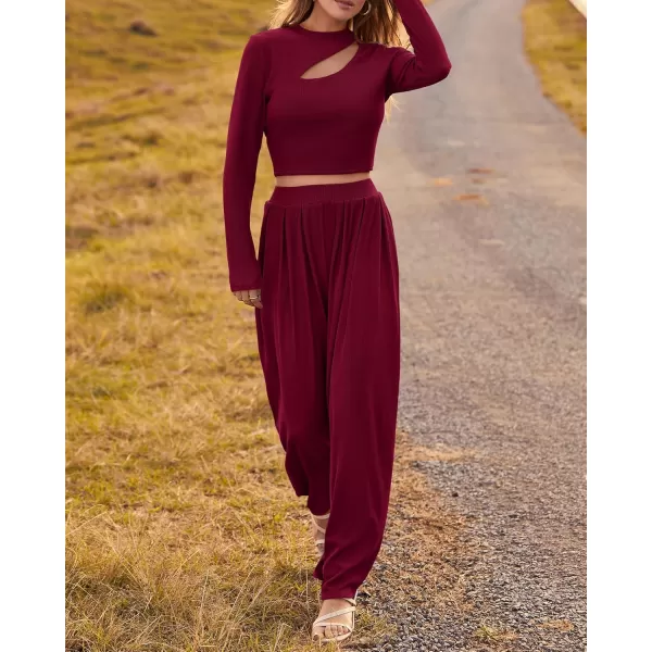 BTFBM Womens 2 Piece Tracksuit Outfits Cutout Long Sleeve Crop Top Wide Leg Pant Ribbed Knit Sweatsuits Yoga Lounge SetSolid Wine Red
