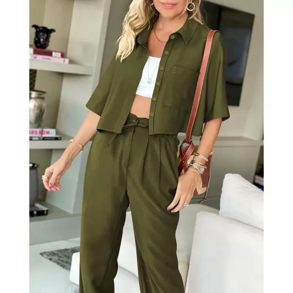 BTFBM Womens 2024 Summer 2 Piece Outfits Tracksuit Short Sleeve Cropped Button Down Shirt Long Pant Lounge Matching SetSolid Army Green