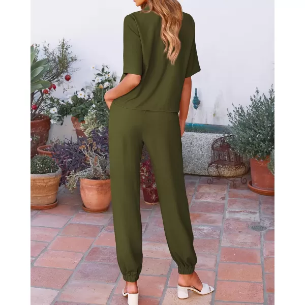 BTFBM Womens 2024 Summer 2 Piece Outfits Tracksuit Short Sleeve Cropped Button Down Shirt Long Pant Lounge Matching SetSolid Army Green