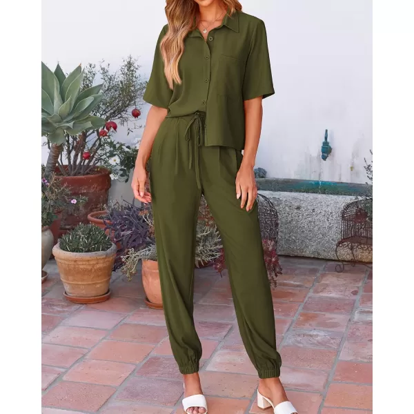 BTFBM Womens 2024 Summer 2 Piece Outfits Tracksuit Short Sleeve Cropped Button Down Shirt Long Pant Lounge Matching SetSolid Army Green